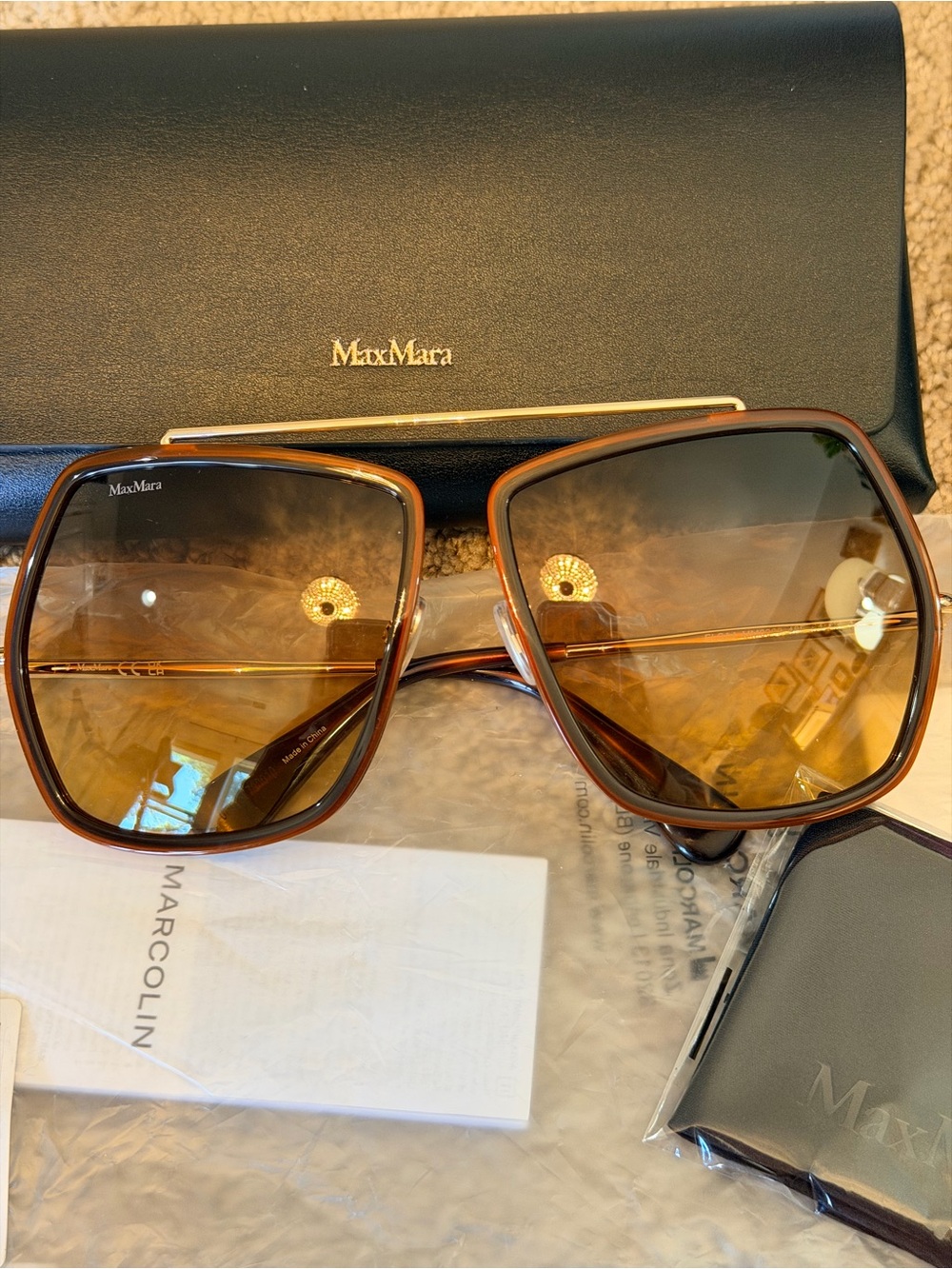 MAX MARA Max Mara 32013 Longarone Sunglasses Brown and Gold NWT - Picture 9 of 11